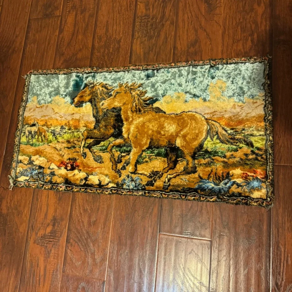 Vintage Velvet Horse Tapestry Wall Hanging Rug 70s Western Decor Wild Horses